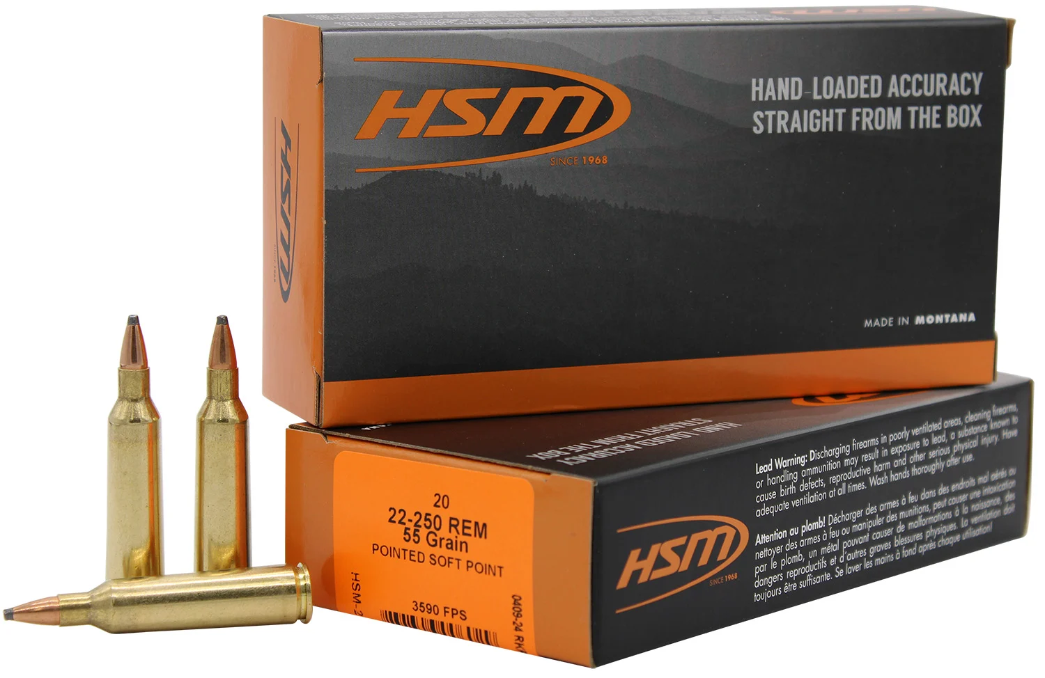 HSM Varmint 22-250 Rem 55 gr Soft Point ammunition, 20-round box, brass case