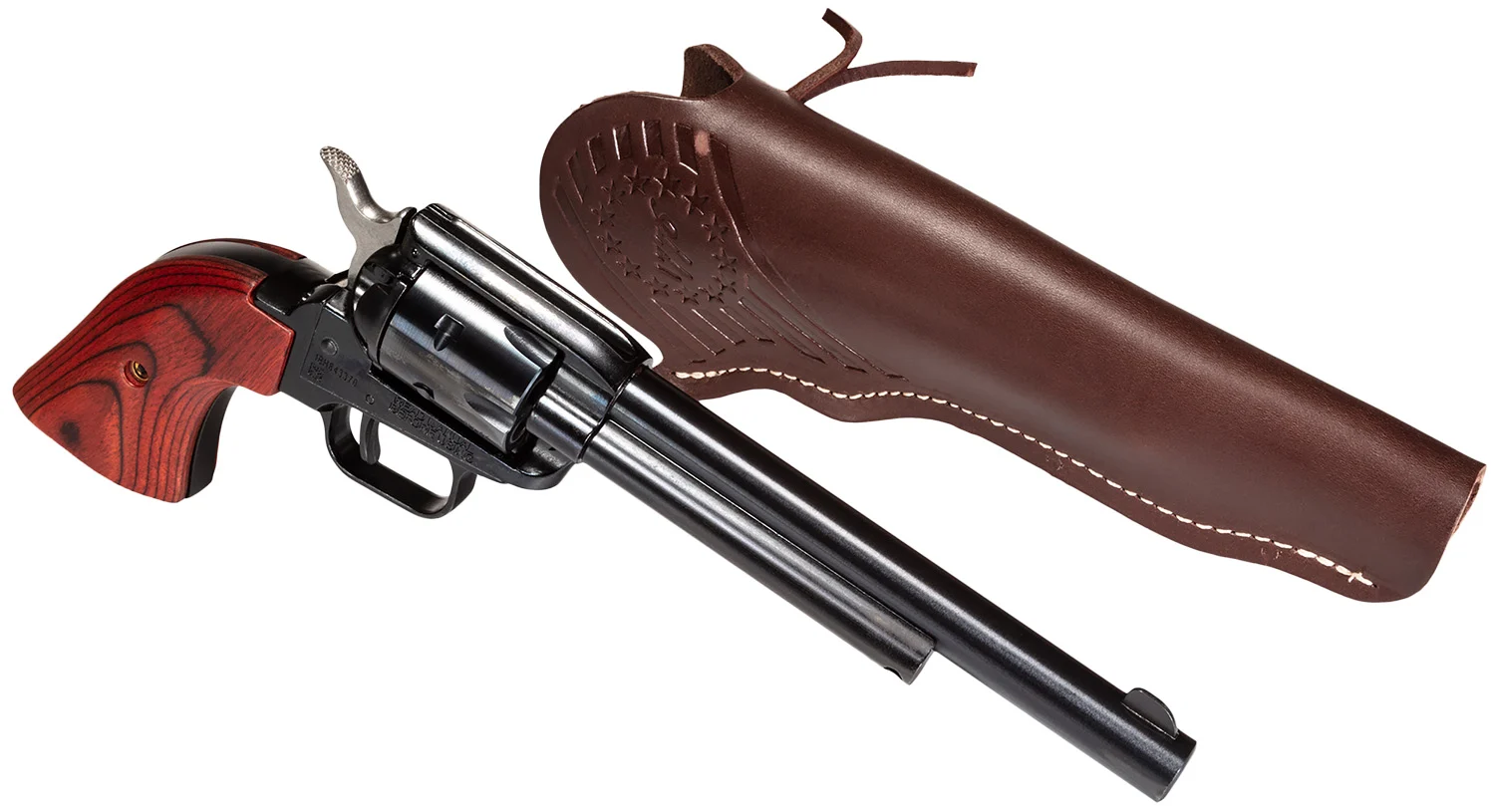 Heritage Arms Rough Rider RR22B6LHOL .22 LR 6.5 inch blued revolver with Cocobolo grips and leather holster