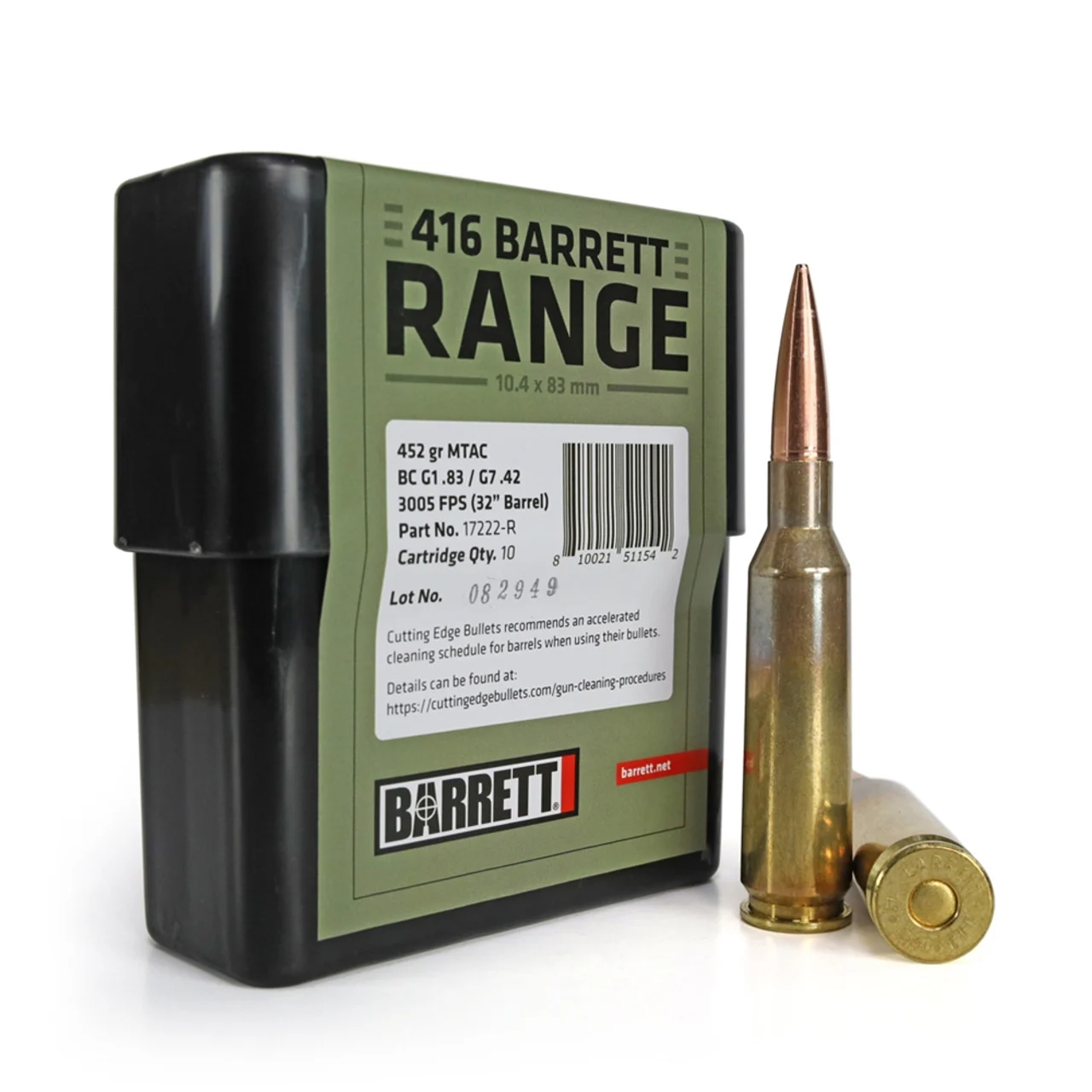 Box of Barrett Firearms .416 Barrett rifle ammunition MTAC 10 rounds in brass cases