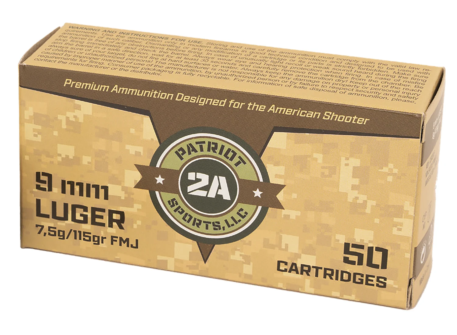 Patriot Sports 9mm Luger 115gr FMJ brass-case ammunition 50rd box