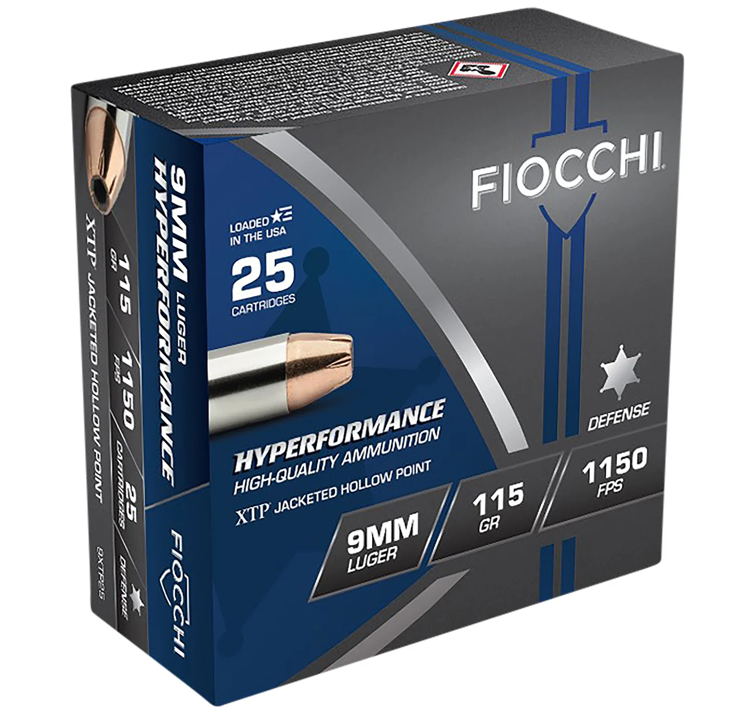 Fiocchi 9mm 115gr Hornady XTP JHP ammunition - box of 25