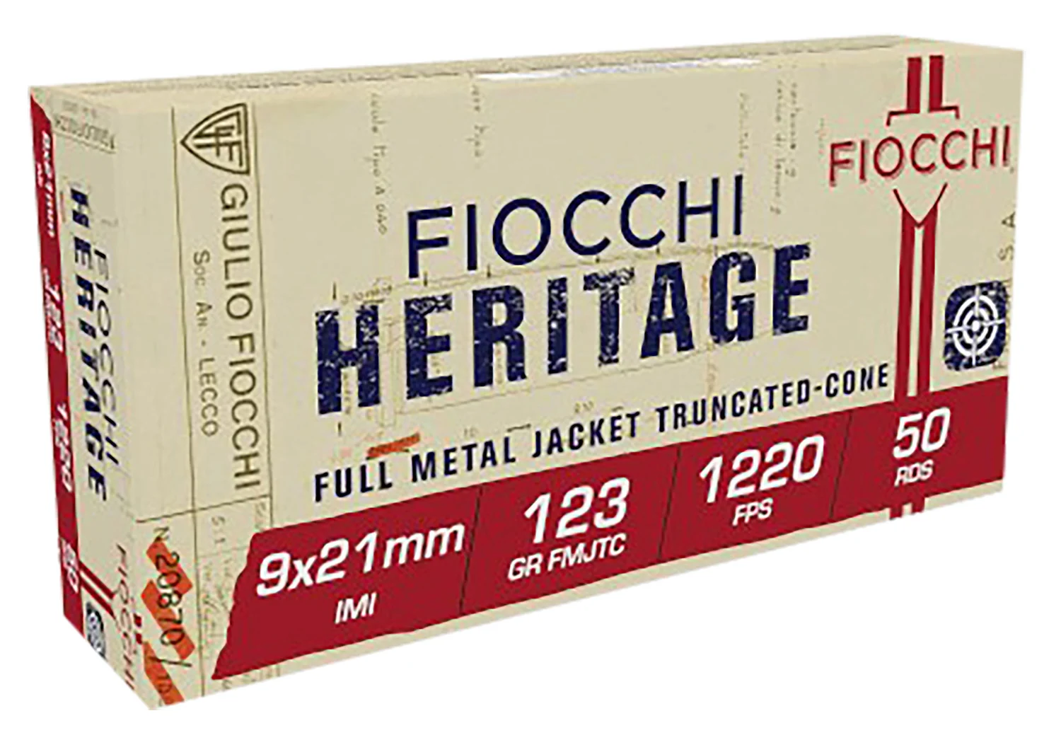 Fiocchi Heritage 9x21mm IMI 123 gr FMJ-TC ammunition 50-count box