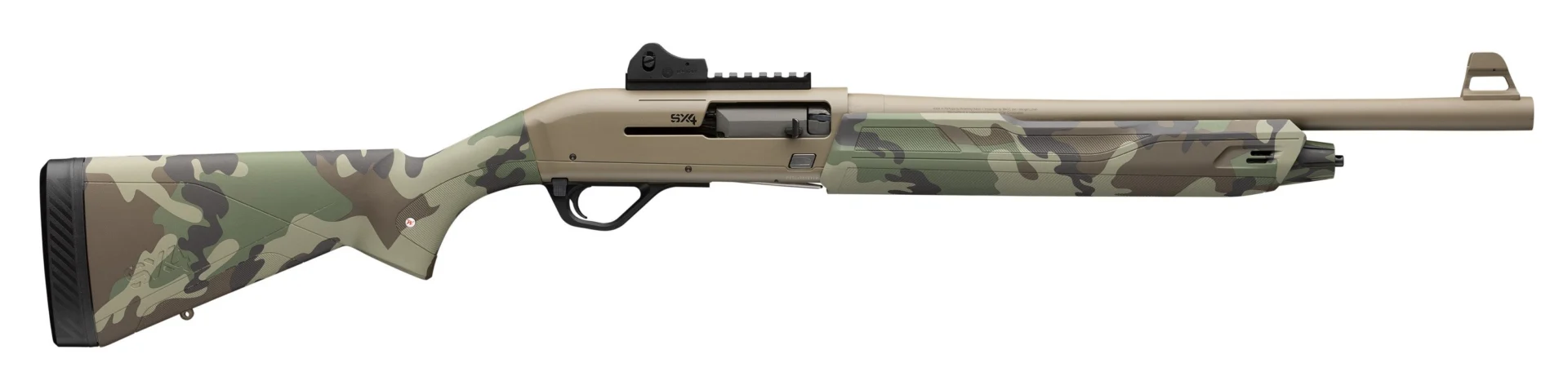 Winchester SX4 Defender 12ga shotgun Woodland camo synthetic stock Flat Dark Earth receiver