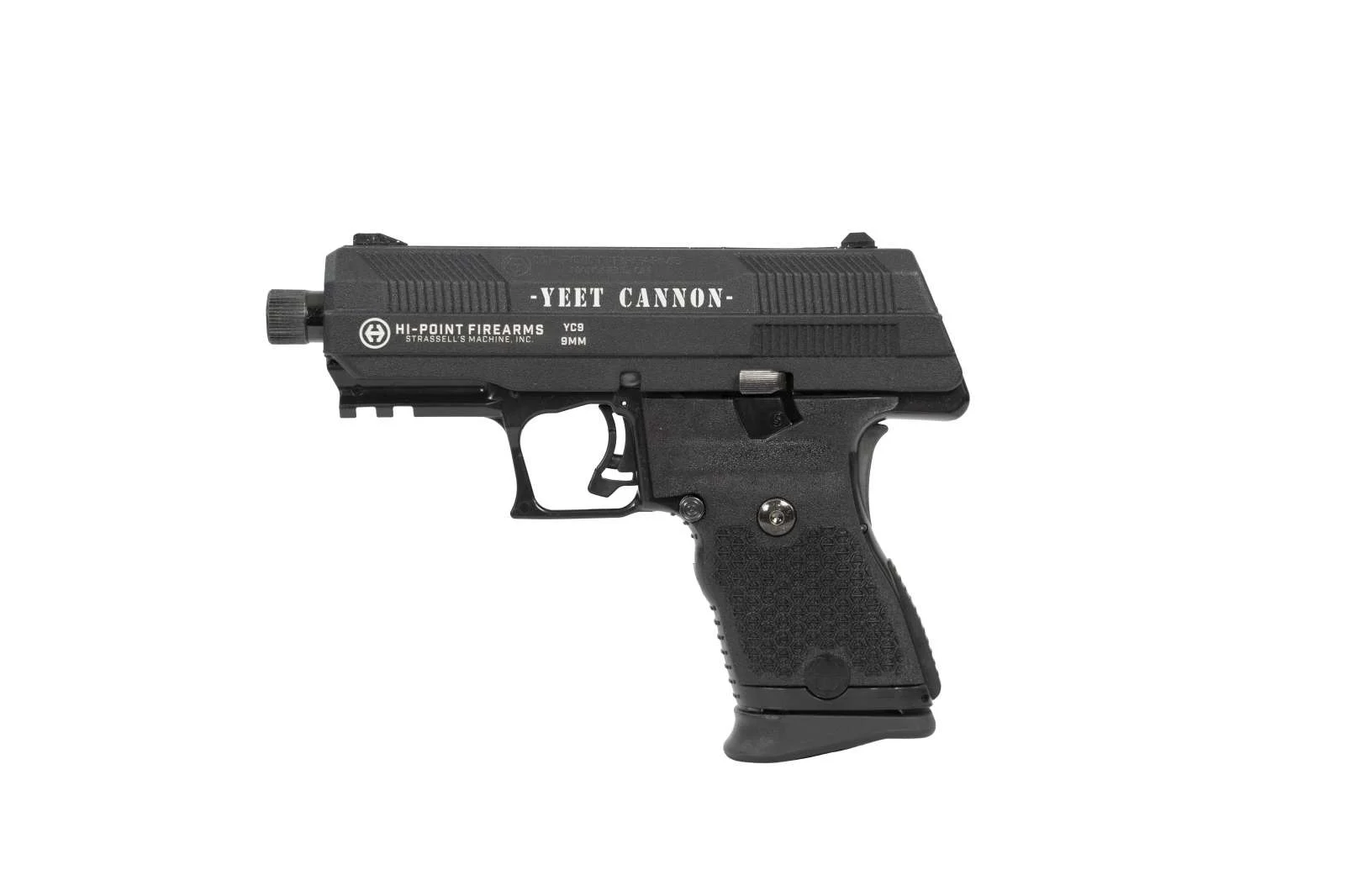 Hi-Point YC9 Yeet Cannon 9mm pistol with threaded barrel and engraved black slide on polymer frame