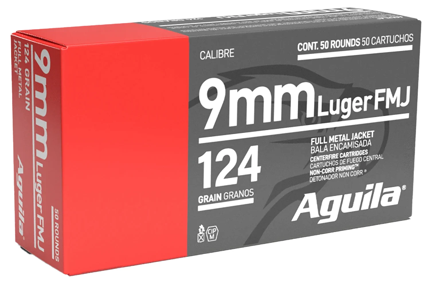 Aguila 9mm Luger 124gr FMJ 50rd box ammunition, brass case