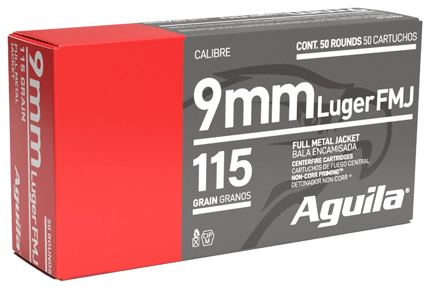 Aguila 9mm 115gr FMJ 50rd box — brass-cased pistol ammunition