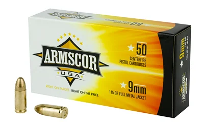 Armscor 9mm 115gr FMJ 50rd box — brass-cased handgun ammunition