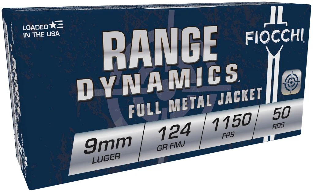 Fiocchi 9mm Luger 124gr FMJ 50rd box Range Dynamics pistol ammunition