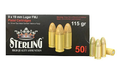 Sterling 9mm 115gr FMJ brass-cased ammunition 50 round box