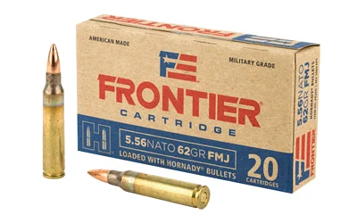 Hornady Frontier 5.56 NATO 62 gr FMJ ammunition, 20-round box and 25-box case packaging