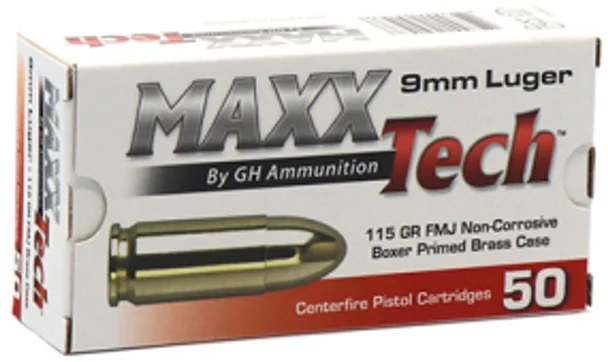 MAXXTech 9mm 115 gr FMJ brass-cased pistol ammunition 50 rd box