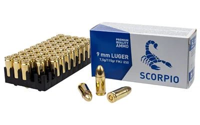 STV Technology Scorpio 9mm 115gr FMJ ammunition 50-round box