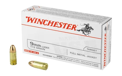 Winchester USA 9mm Luger 115 gr FMJ 50 rd box - white box packaging