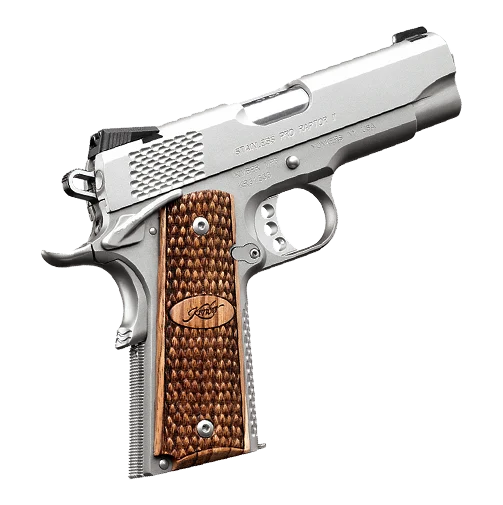 Kimber Stainless Pro Raptor II 9mm 4in pistol with stainless finish and zebrawood grips