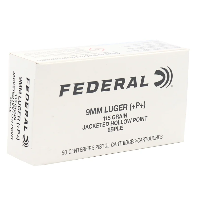 Federal Classic Hi Shok 9mm+P+ 115gr JHP ammunition packaging 50rd box and 1000rd case
