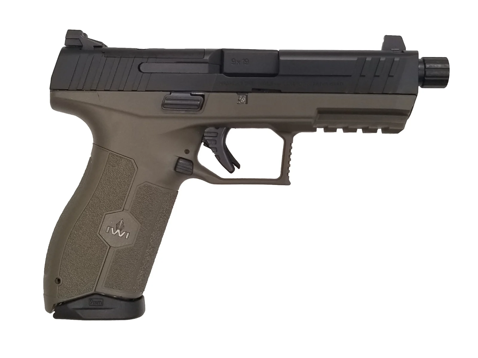 IWI MASADA Optics Ready 9mm pistol in OD Green with threaded barrel and suppressor-height sights