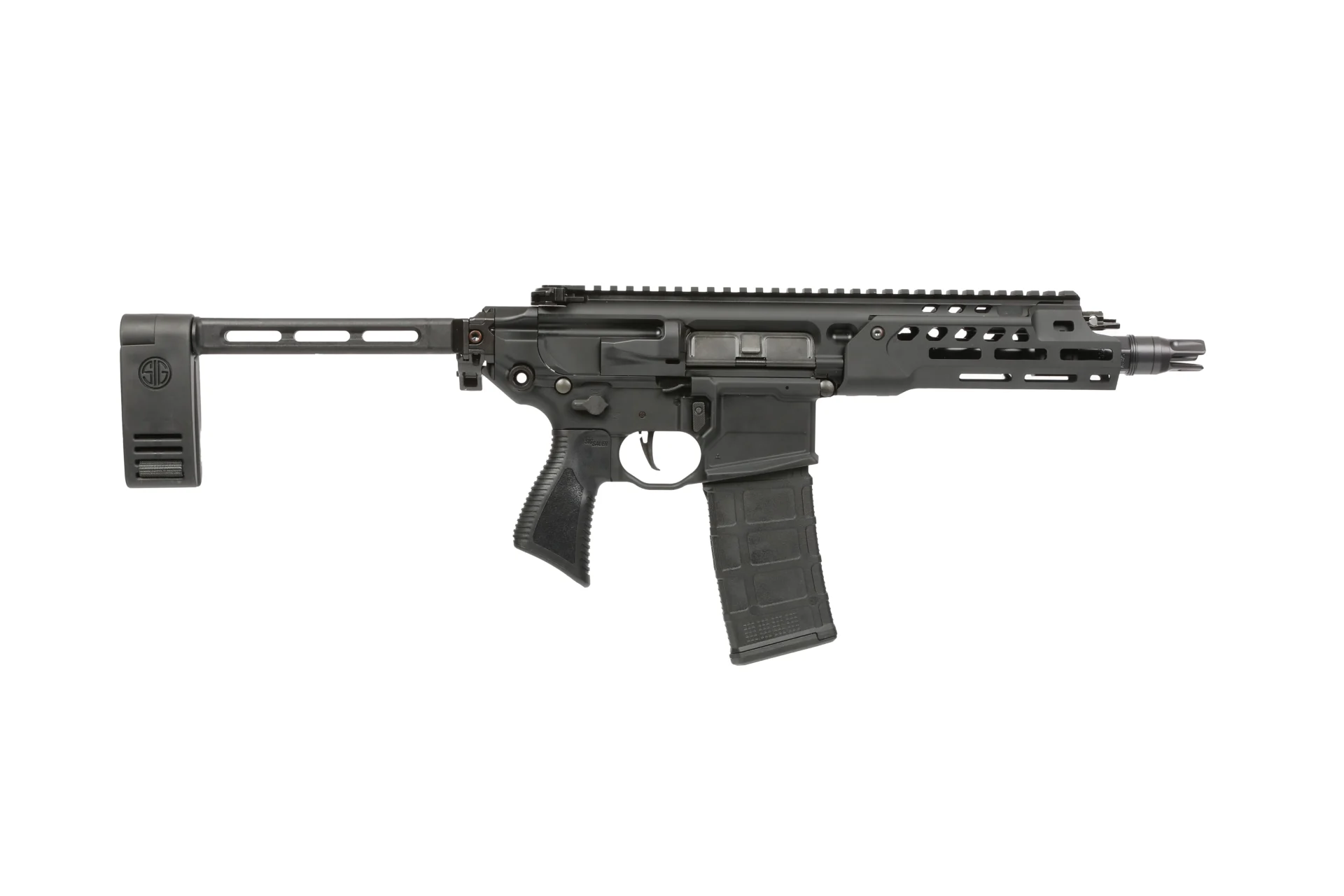 Sig Sauer MCX Rattler LT 5.56 NATO 7.75in pistol black side view with folding brace
